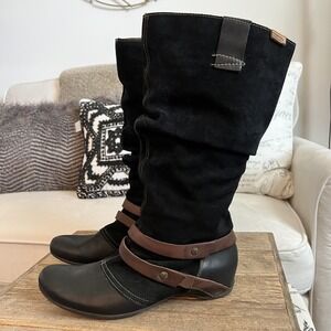 Pikolinos Boots Womens Size 8.5 Black Suede Leather Mid Calf Riding Straps Boho